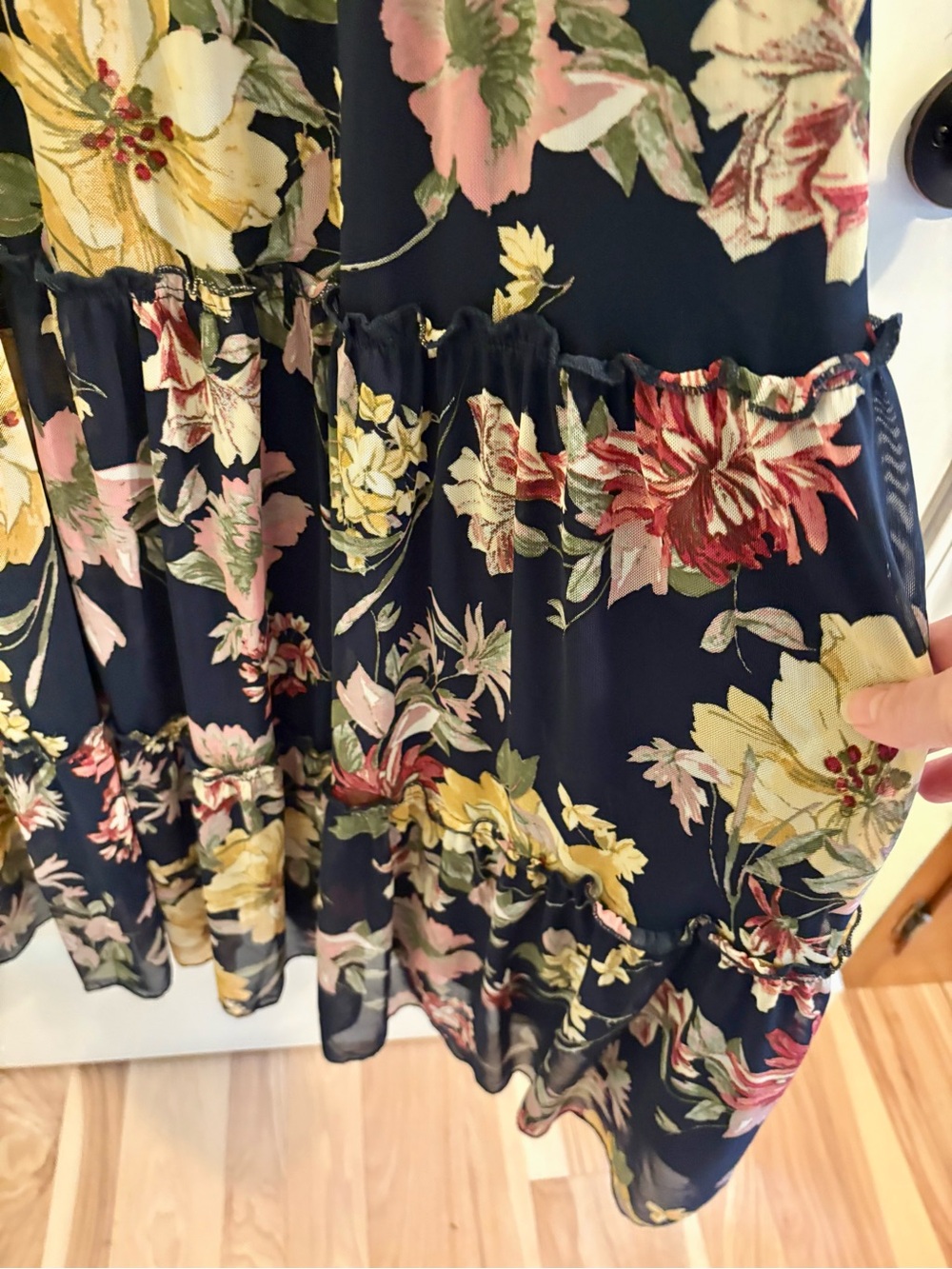 Navy Floral Maxi Dress with Short Ruffle Sleeves - Picture 3 of 9